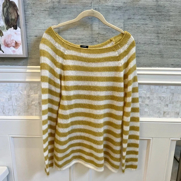 J. Crew yellow white stripe nylon mohair wool blend sweater medium soft boatneck - Picture 1 of 9
